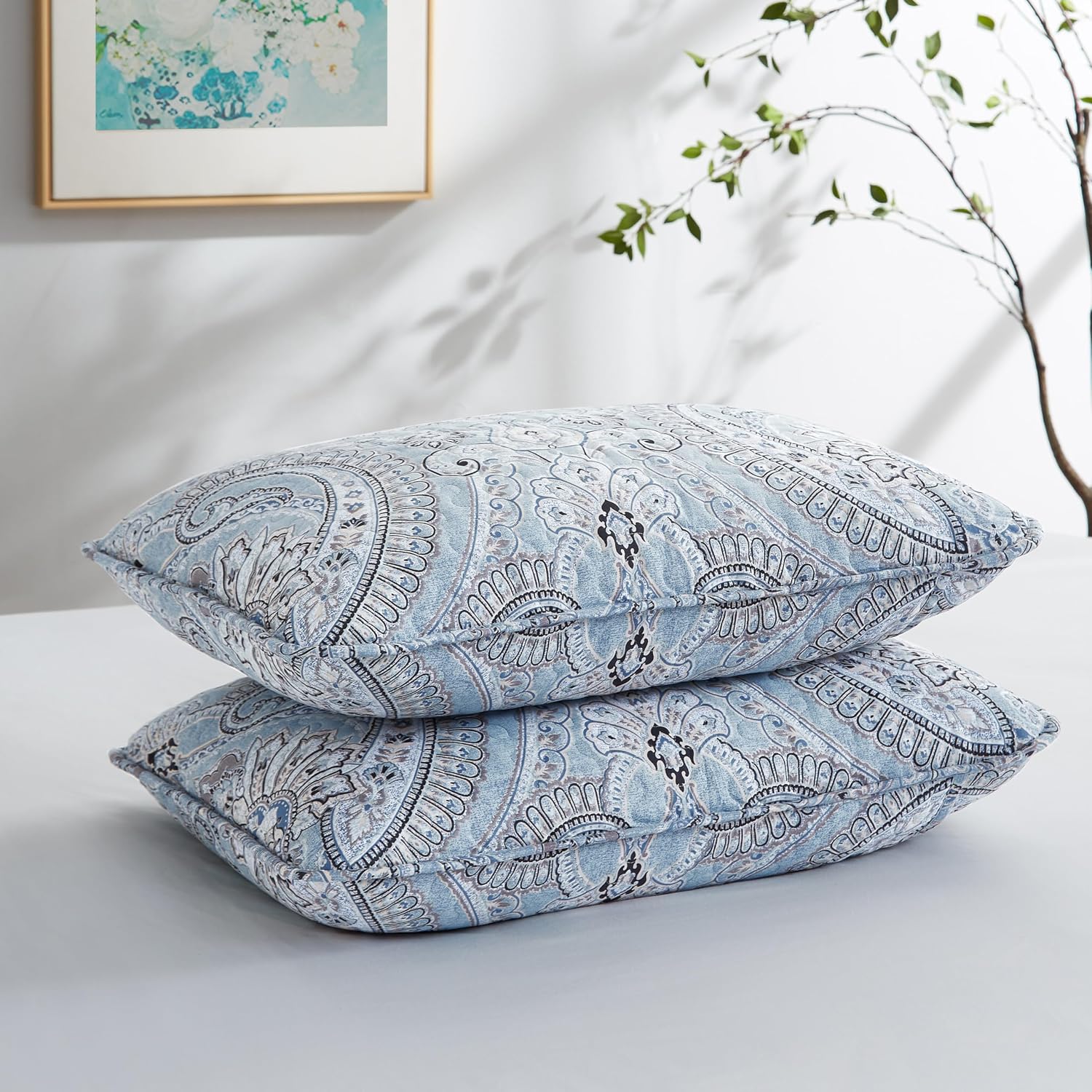 Aqua Paisley Boho Quilted Standard Pillow Shams 2 Pack