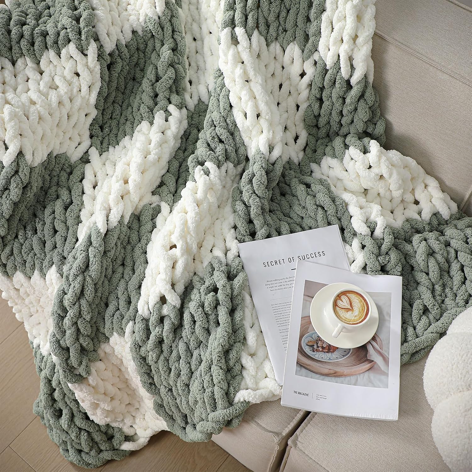 Ivory Sage Checkered Knit Throw Blanket