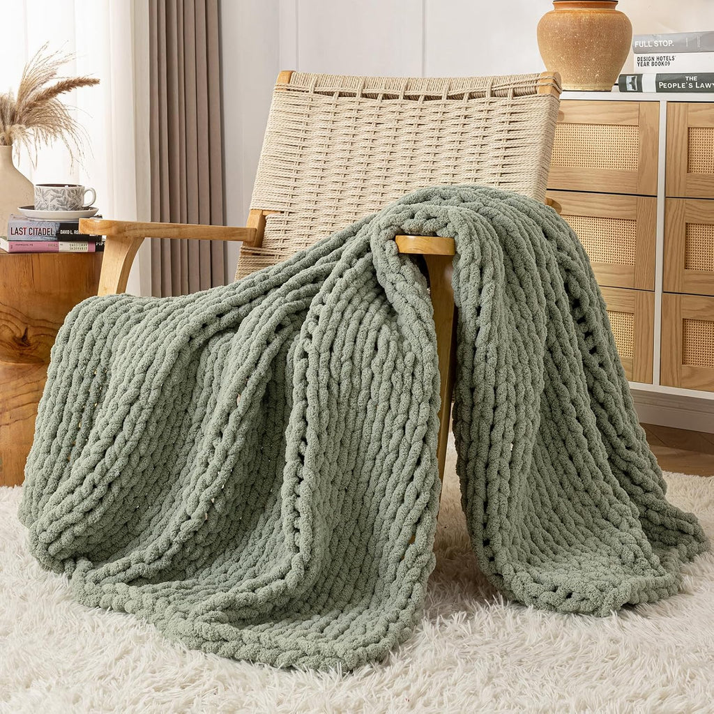 Sage Green Chenille Cable Knit Throw Blanket