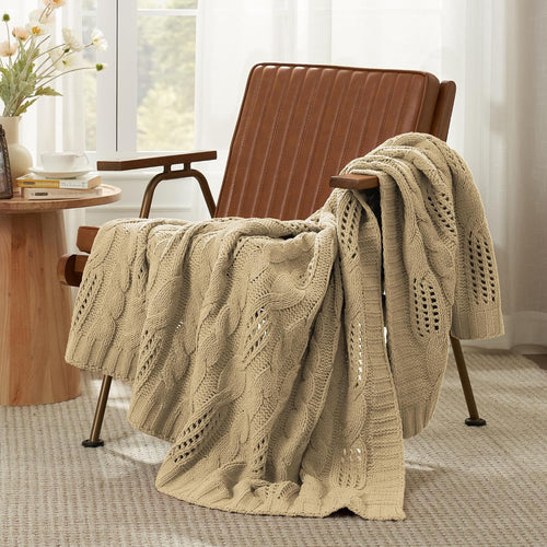 Beige Dual Sided Chenille Cable Knit Throw Blanket