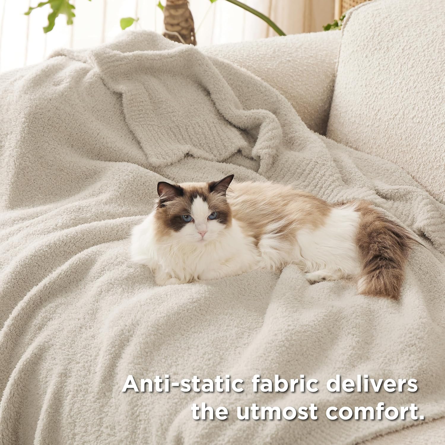 Beige Soft Knit Throw Blanket