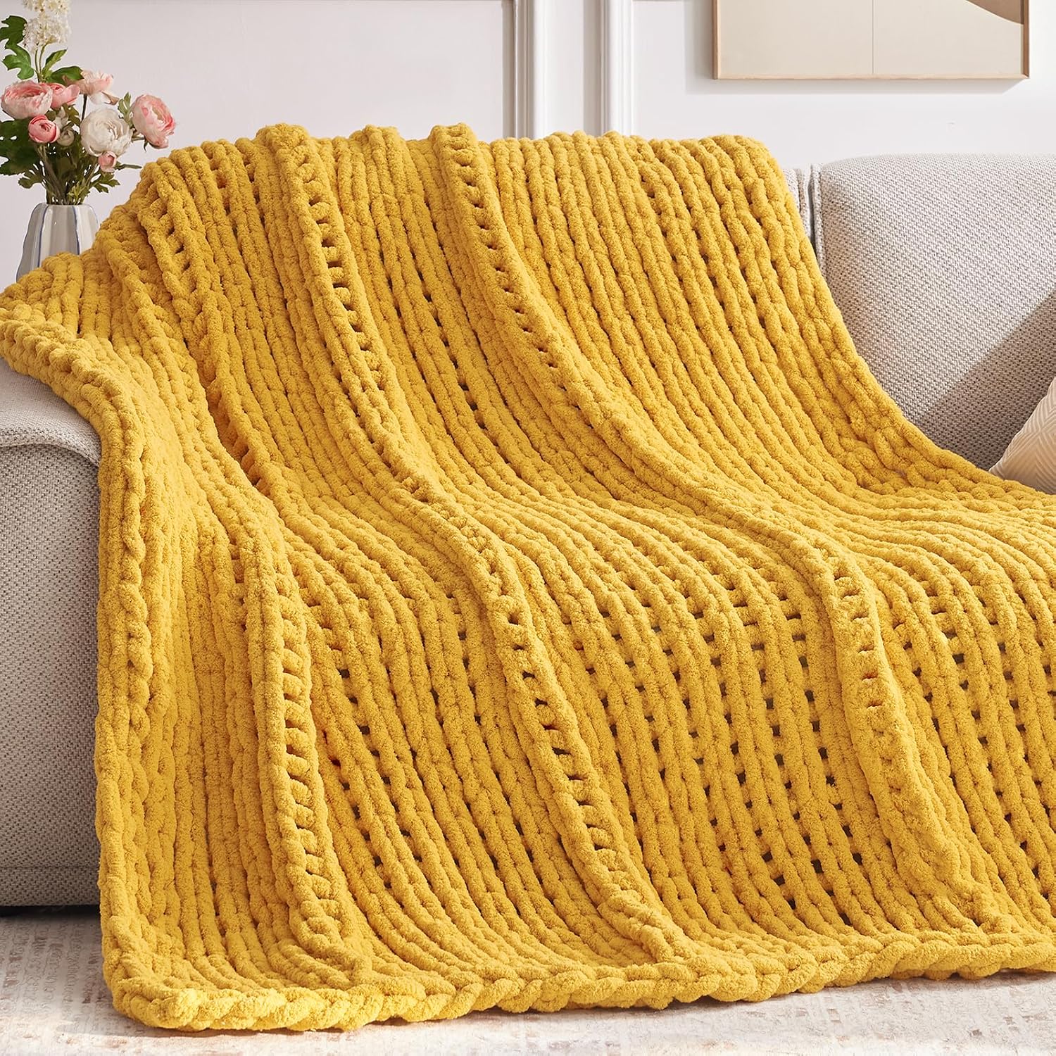 Yellow Chenille Chunky Knit Throw Blanket