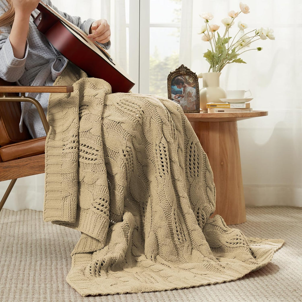 Beige Dual Sided Chenille Cable Knit Throw Blanket