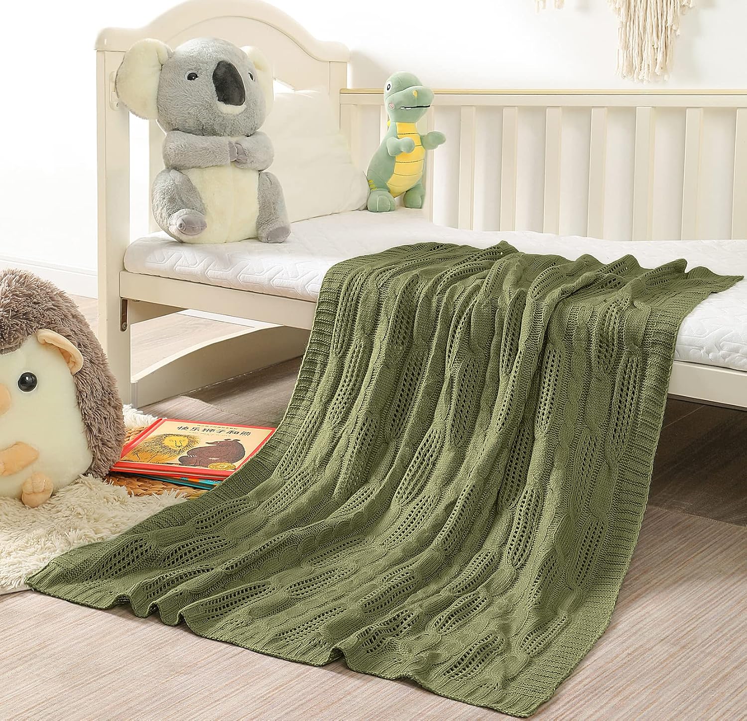 Olive Green Acrylic Cable Knit Throw Blanket