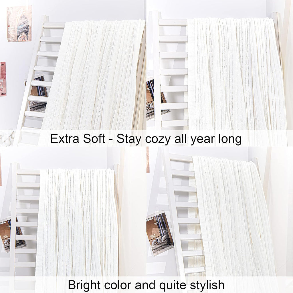 White Pure Cotton Cable Knit Throw Blanket