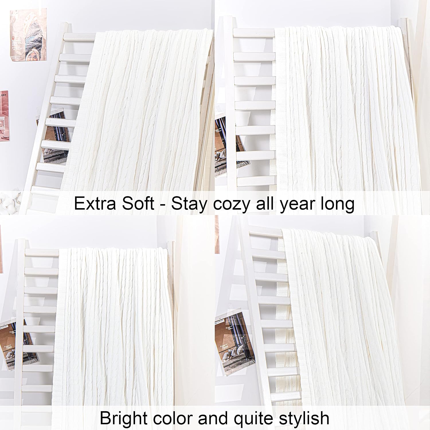 White Pure Cotton Cable Knit Throw Blanket