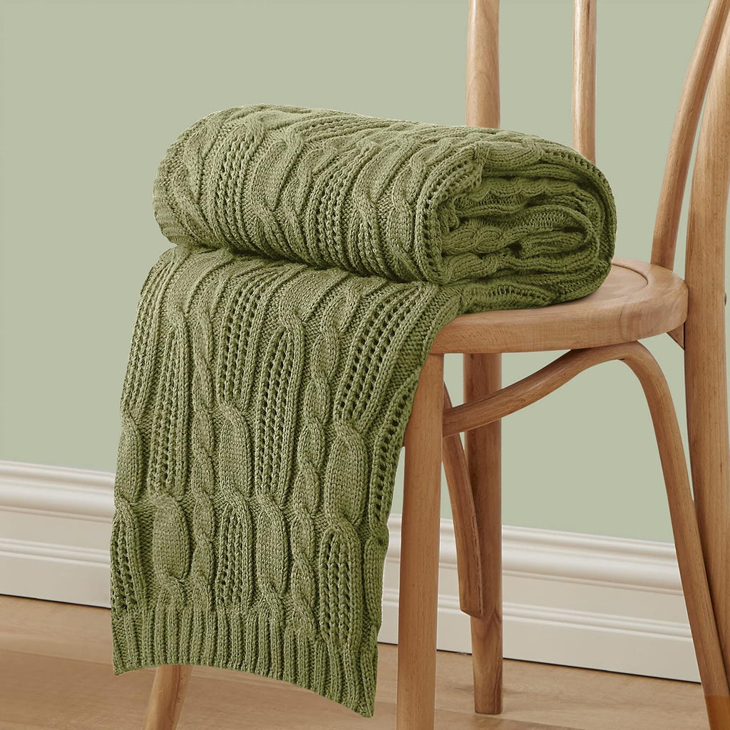 Olive Green Acrylic Cable Knit Throw Blanket