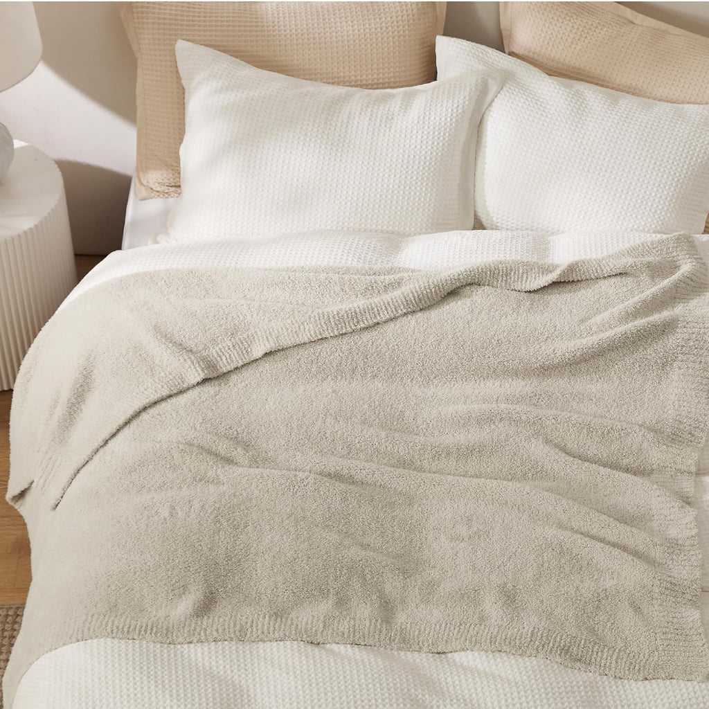 Beige Soft Knit Throw Blanket