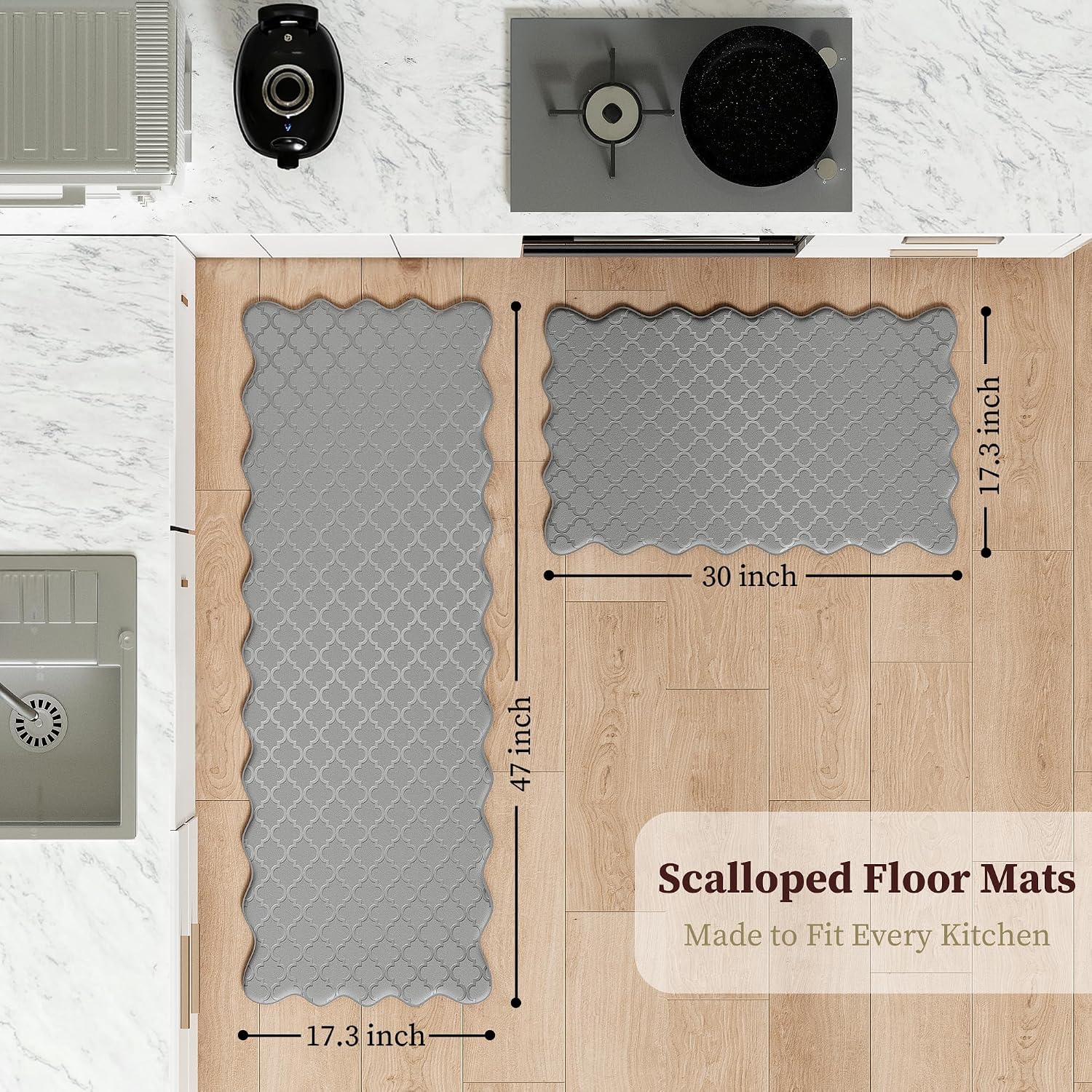 Gray Scalloped Embossed Anti Fatigue Kitchen Mats 2 Pack