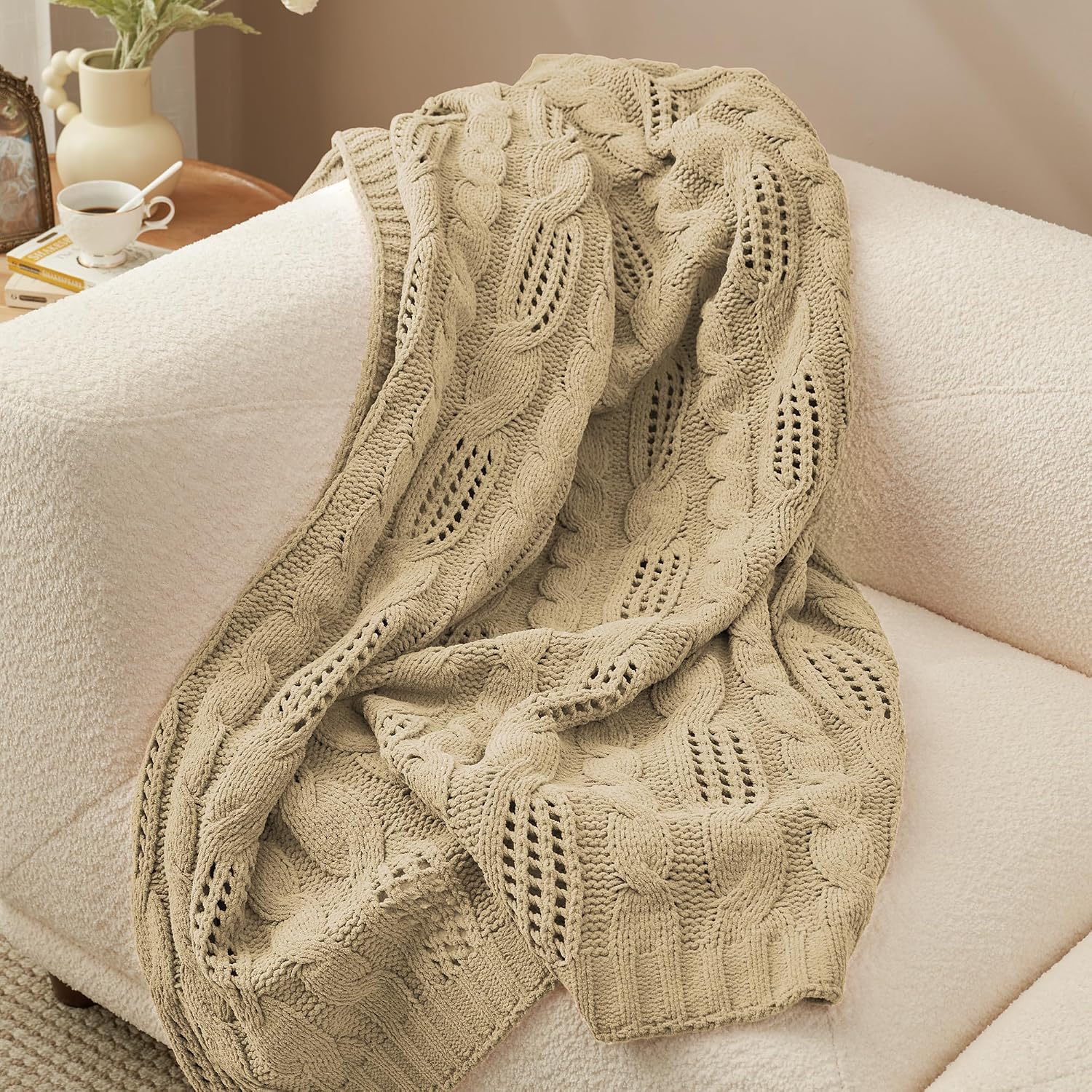 Beige Dual Sided Chenille Cable Knit Throw Blanket
