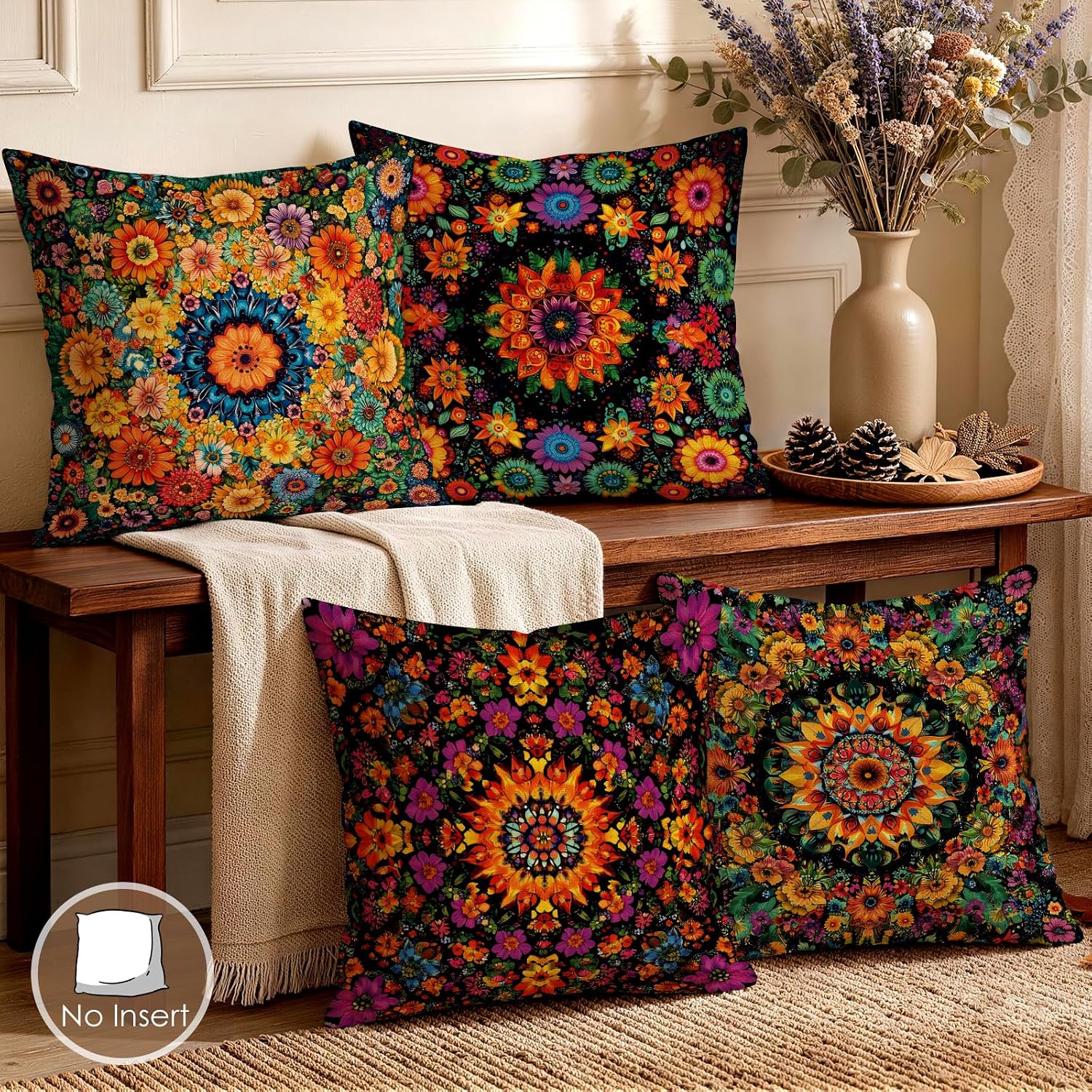 Mandala Floral Boho 18x18 Pillow Covers 4 Pack