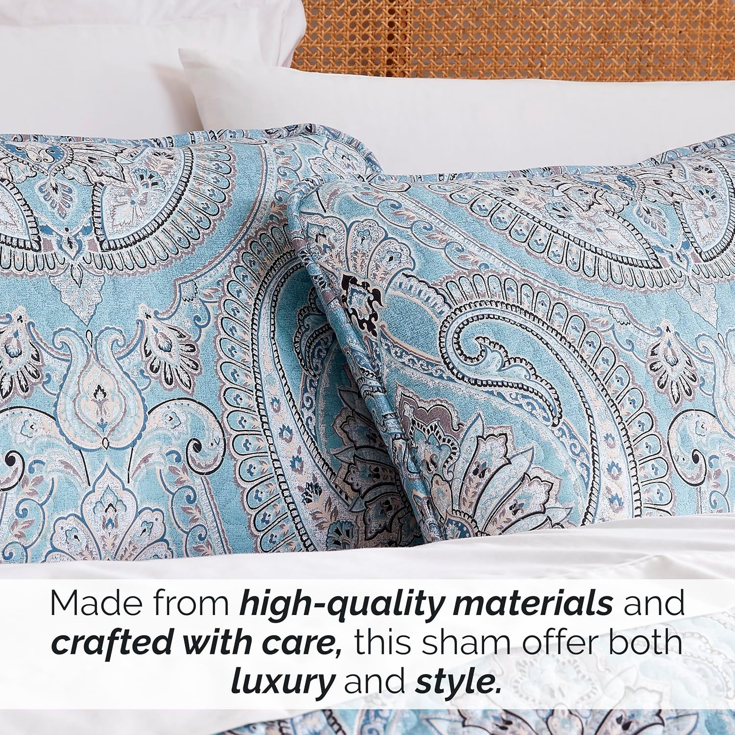 Aqua Paisley Boho Quilted Standard Pillow Shams 2 Pack