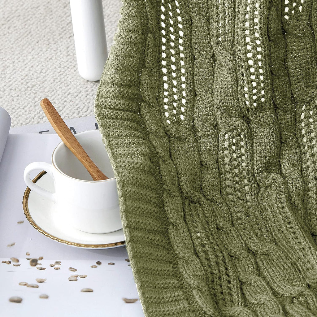 Olive Green Acrylic Cable Knit Throw Blanket